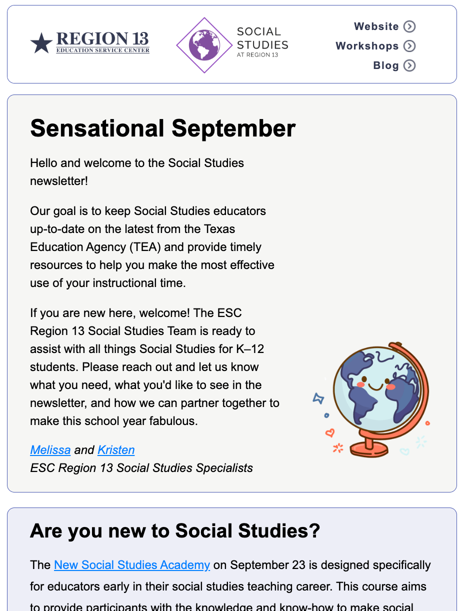 ESC Region 13 email newsletter example